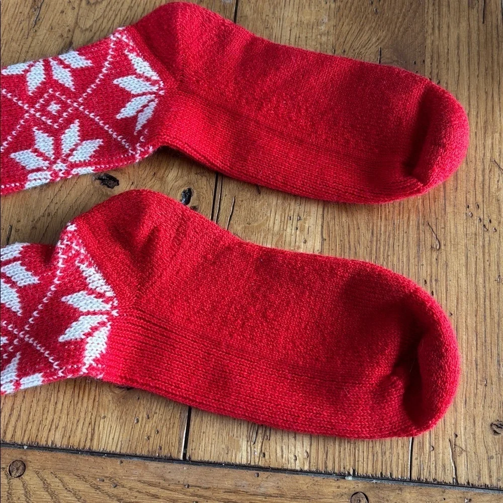 Red and White Snowflake Patterned Knee-High Socks Unisex Stretch Holiday Cabin